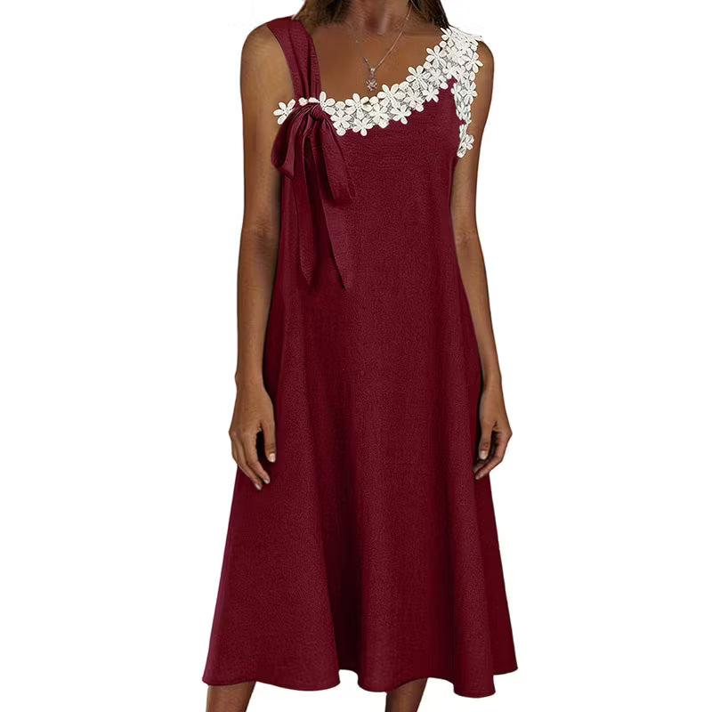 Women’s Floral Lace Trim Bow-Shoulder Midi Dress
