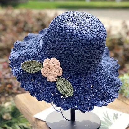Handmade Elegant Crochet Straw Hat with Ruffle Detail