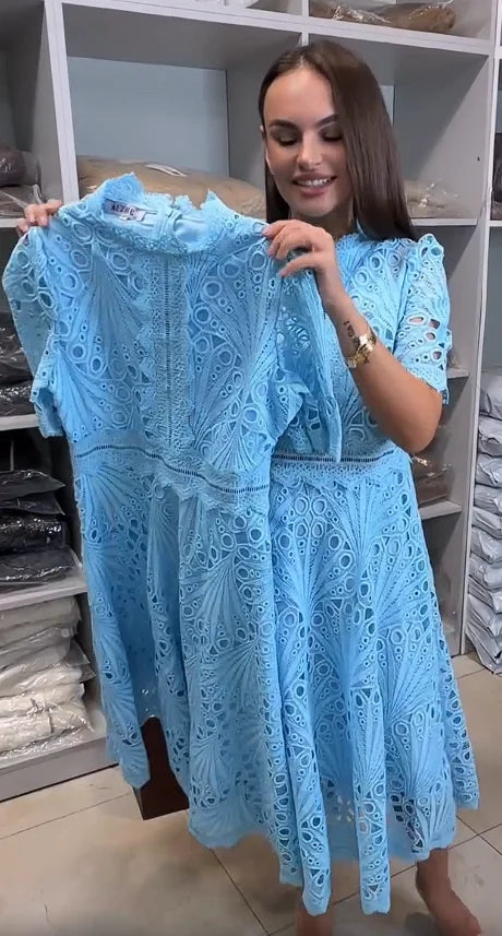 Women’s Lace Cut-Out Short Sleeve High-Neck Dress