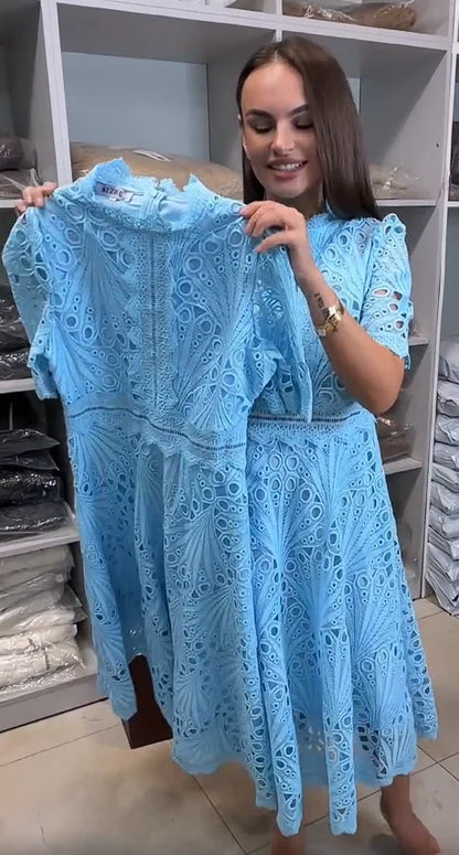 Women’s Lace Cut-Out Short Sleeve High-Neck Dress