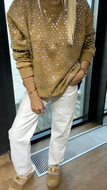 Women’s All-Over Rhinestone Crew Neck Casual Sweatshirt
