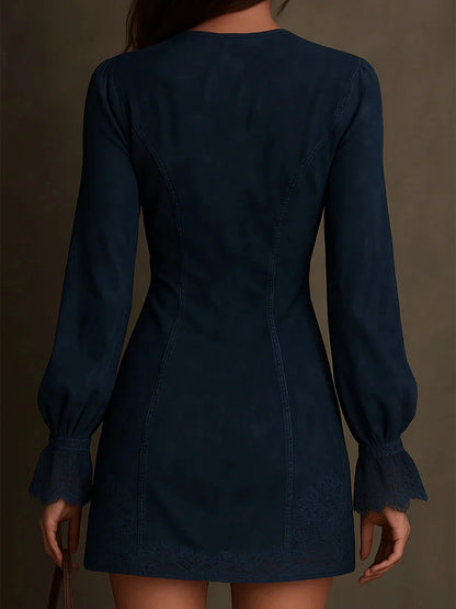 Women's Blue suede mini dress with lace