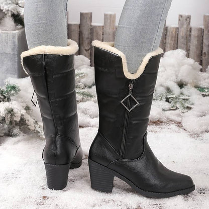 Women’s Warm Lined Mid Calf Boots with Side Zip and Chunky Heel