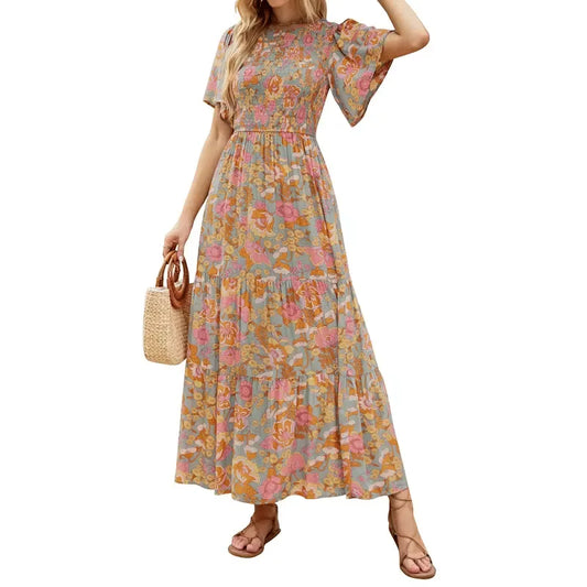 Floral Smocked High Waist Maxi Dress for Women