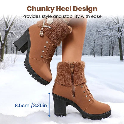 Women’s Warm Chunky Heel Crystal Trim Ankle Boots