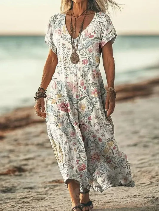 Women’s Vintage Floral V-Neck Midi Dress