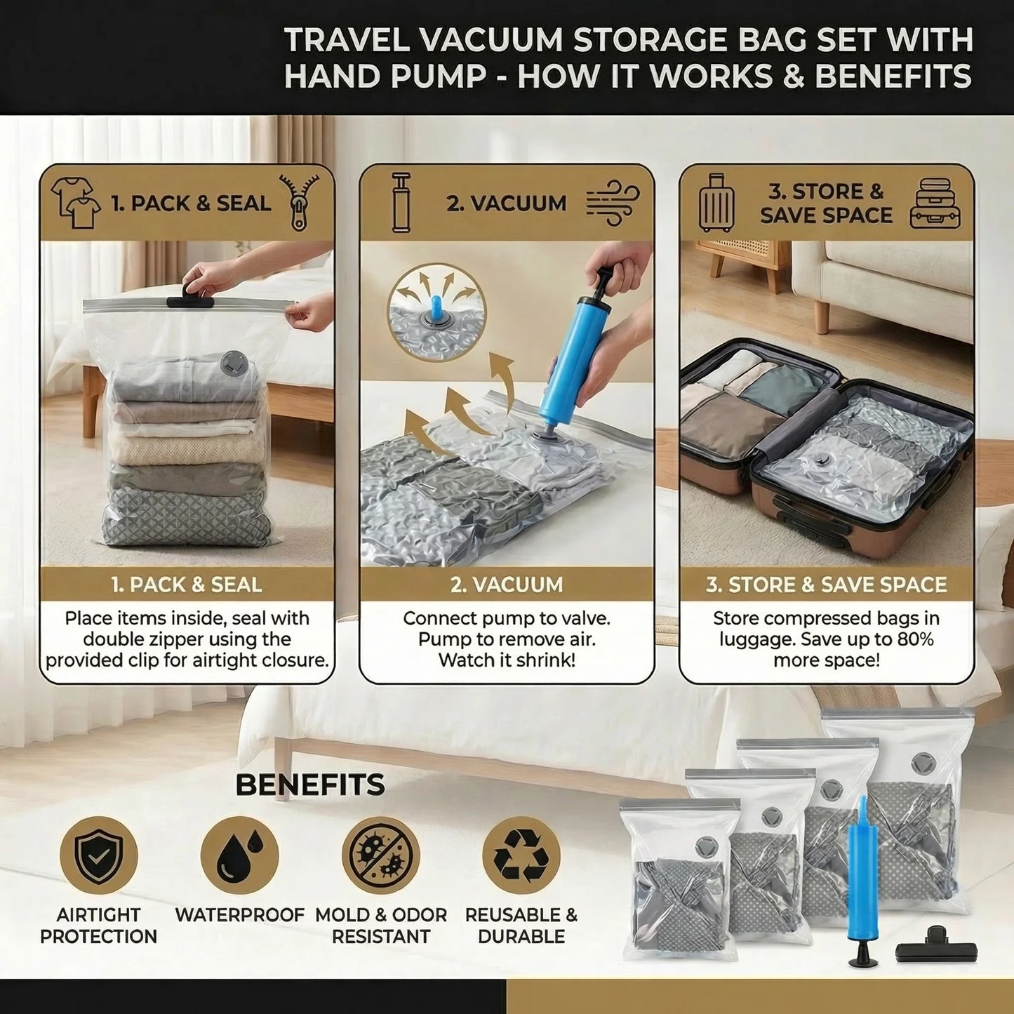 Travel Vacuum Storage Bag Set with Rechargeable Air Pump