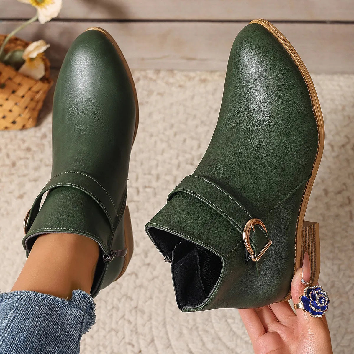 Women’s Comfortable Chunky Heel Leather-Look Ankle Boots