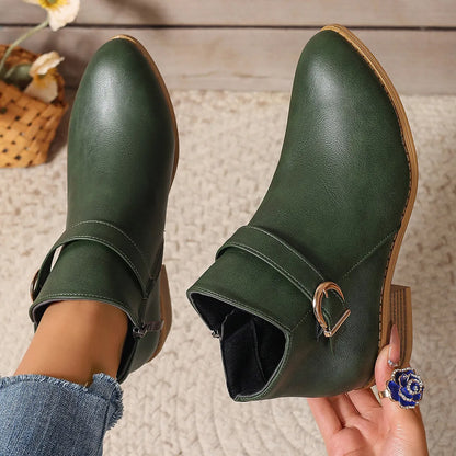 Women’s Comfortable Chunky Heel Leather-Look Ankle Boots