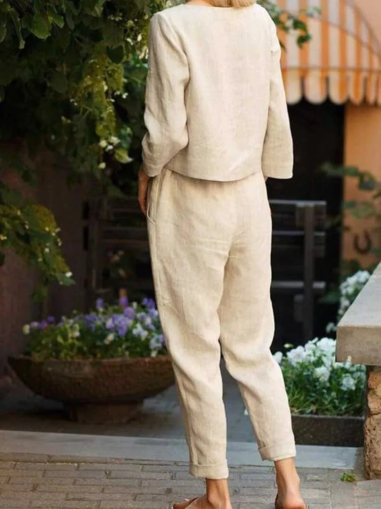 Women’s Linen-Cotton Two-Piece Set – Blouse & Trousers