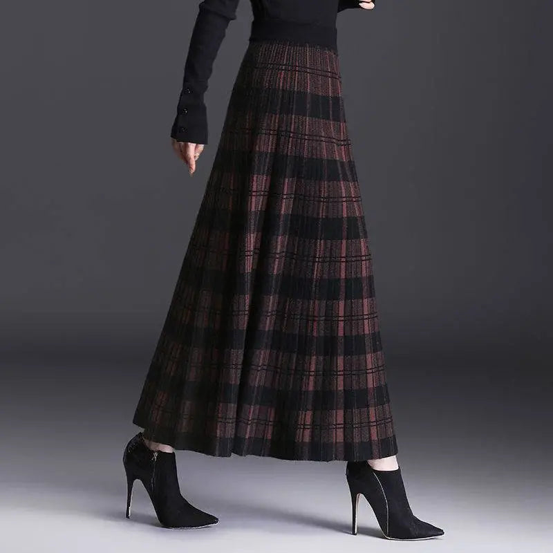 Women’s Knitted Wool Blend Plaid Maxi Skirt