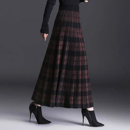 Women’s Knitted Wool Blend Plaid Maxi Skirt