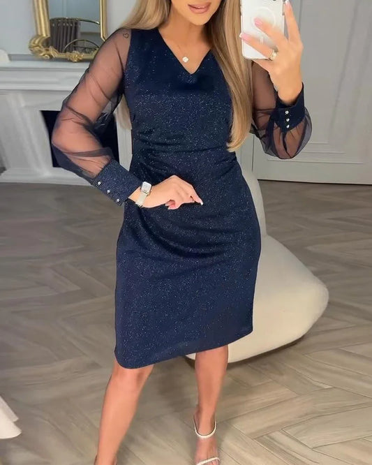 Women’s Sparkly Patchwork V-Neck Long-Sleeve Midi Dress