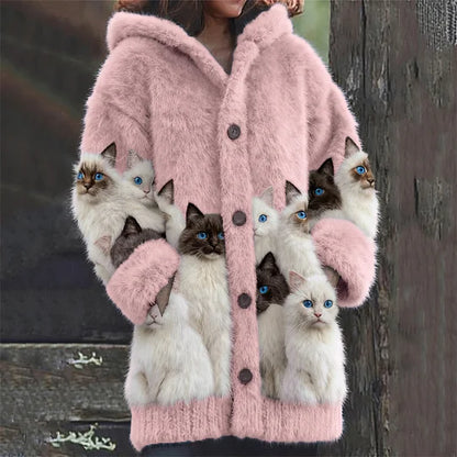 Women’s Fluffy Cat Print Hooded V-Neck Knit Jumper