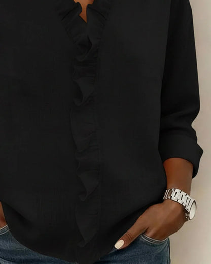 Women’s V-Neck Ruffle Cotton Blend Blouse with Long Sleeves