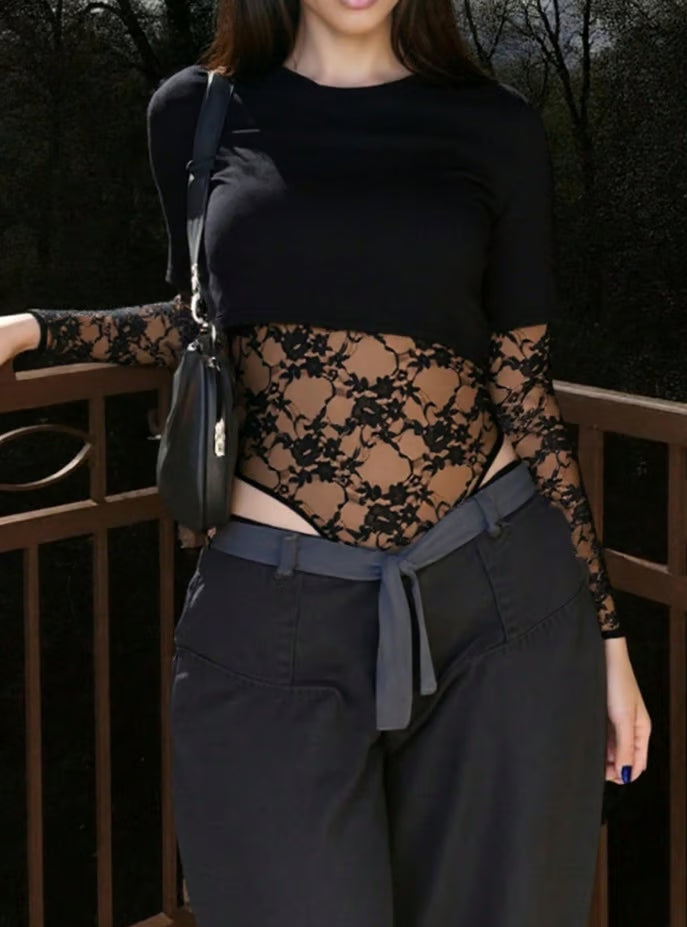 Women's Lace Panel Crop Bodysuit