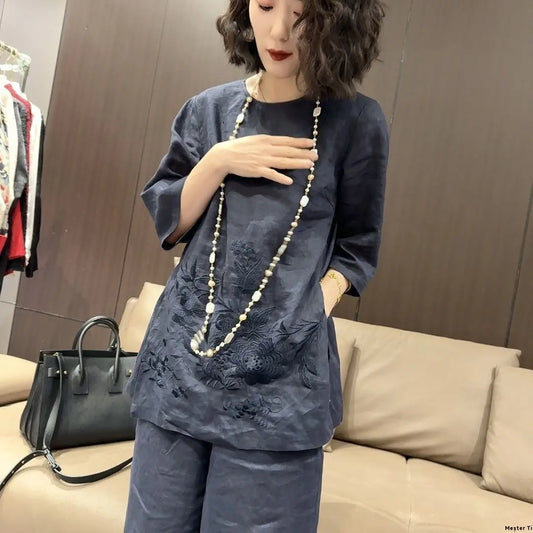 Women’s Embroidered Linen-Blend 3/4 Sleeve Co-Ord Set