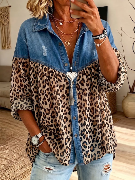 Women’s Denim-Look and Leopard Print Button-Down Blouse