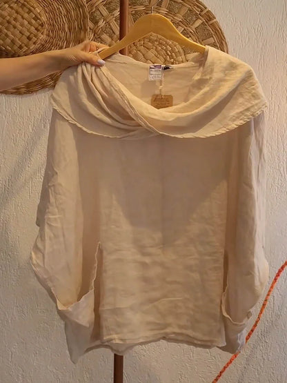 Women’s Draped Neck Linen-Blend Pocket Top