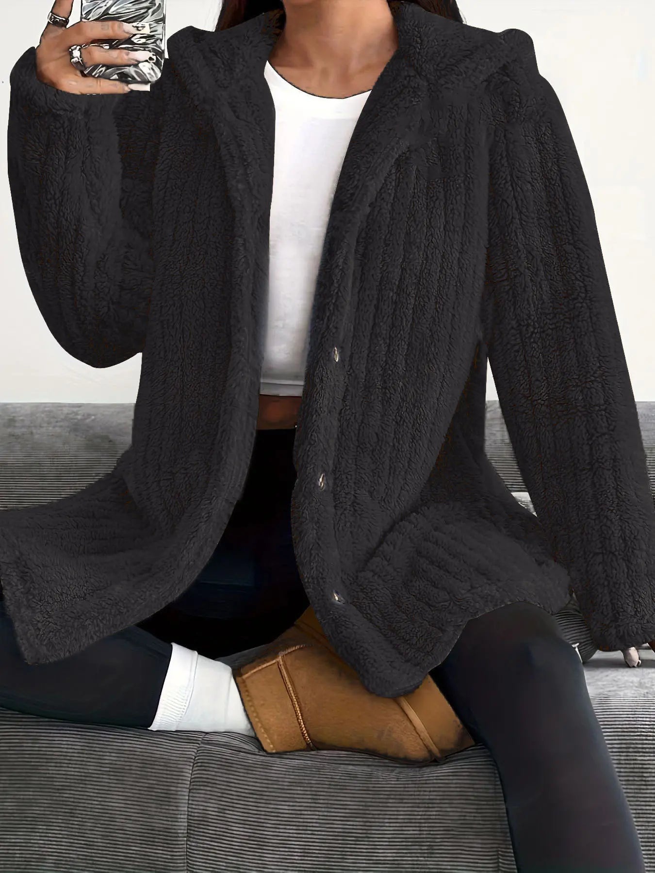 Women’s Longline Hooded Plush Fleece Button Jacket
