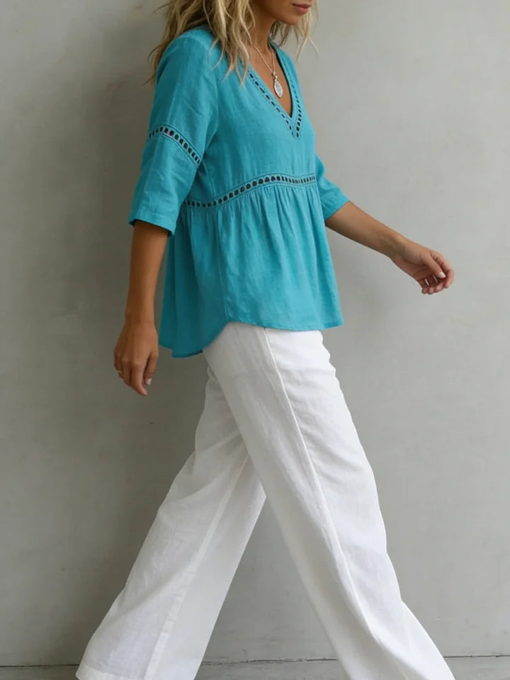 Women’s Cotton Linen V-Neck Lace Panel Blouse