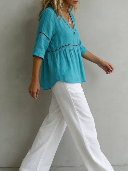 Women’s Cotton Linen V-Neck Lace Panel Blouse