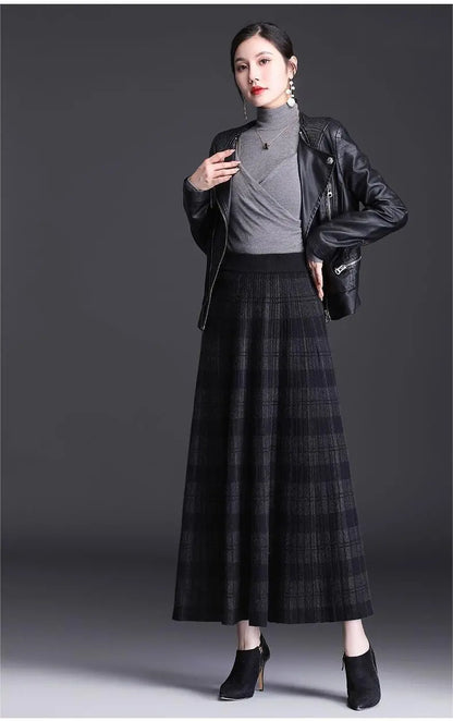 Women’s Knitted Wool Blend Plaid Maxi Skirt