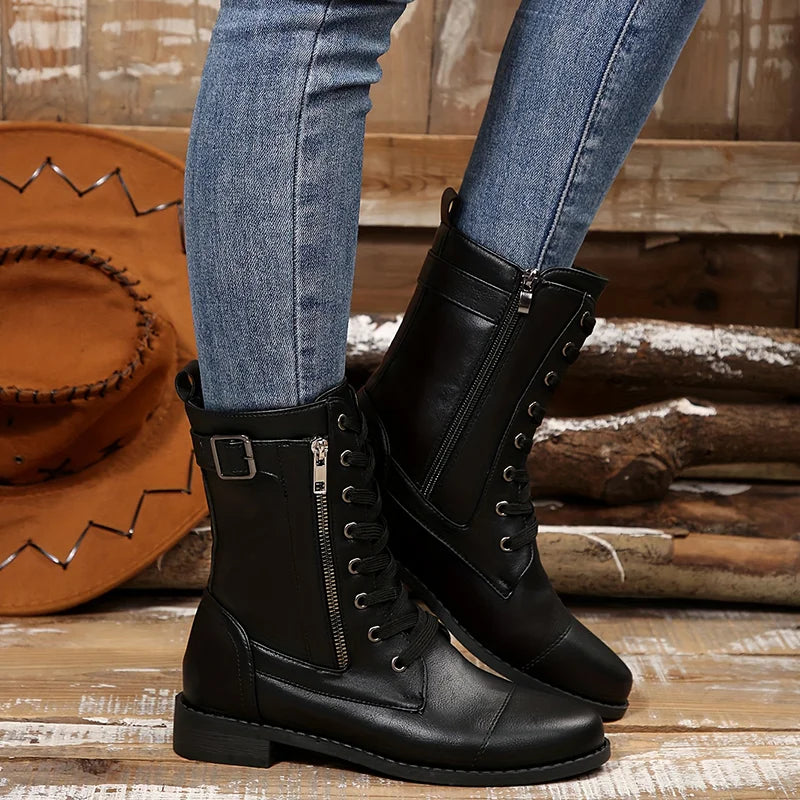 Women’s Classic Zipper Mid-Calf Leather-Look Boots