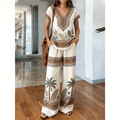 Women's Printed Top and Wide-Leg Trouser Set