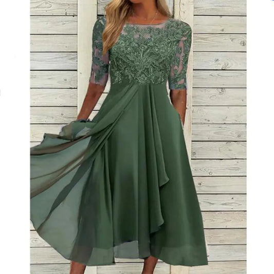 Women’s Lace-Bodice Draped Midi Dress