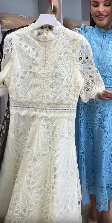 Women’s Lace Cut-Out Short Sleeve High-Neck Dress
