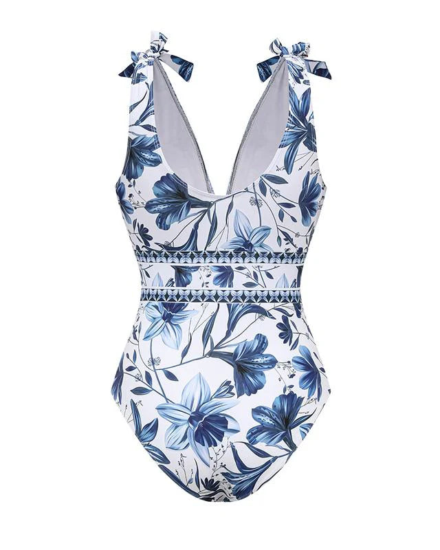 Women’s Blue Print V-Neck One-Piece Swimsuit with Matching Cover Skirt