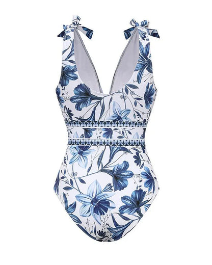 Women’s Blue Print V-Neck One-Piece Swimsuit with Matching Cover Skirt