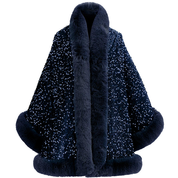 Women’s Sequined Faux Fur Trim Evening Shawl Wrap