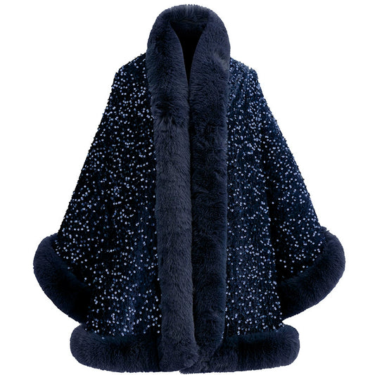 Women’s Sequined Faux Fur Trim Evening Shawl Wrap