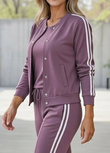Women’s Sport Stripe Button Jacket & Jogger 3-Piece Set