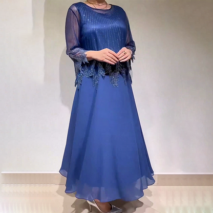 Women’s Shimmer Overlay A-Line Midi Dress with Sheer Sleeves