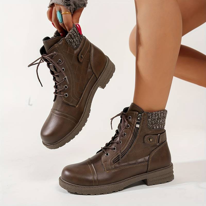 Women’s Lace Up Ankle Boots with Side Zip and Knit Collar