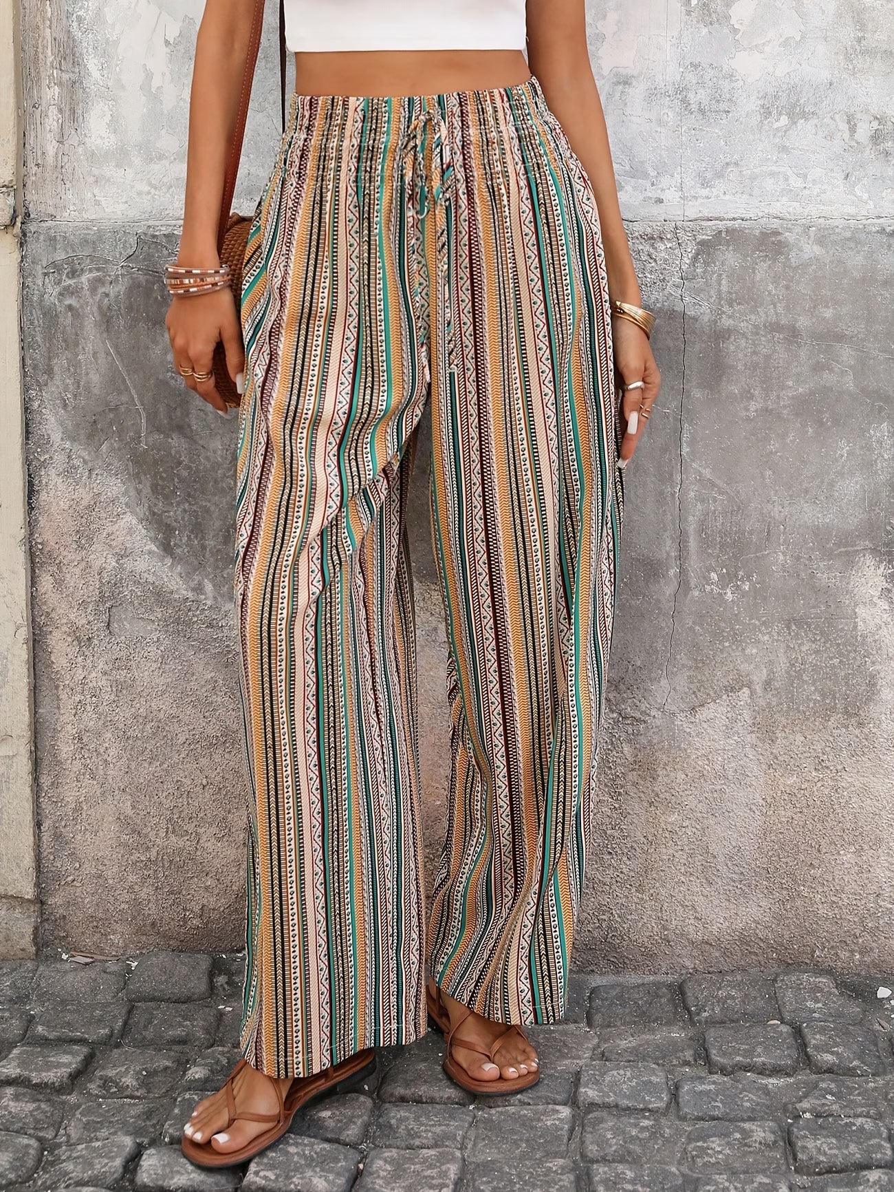 Women's Multicolour Striped Wide-Leg Trousers