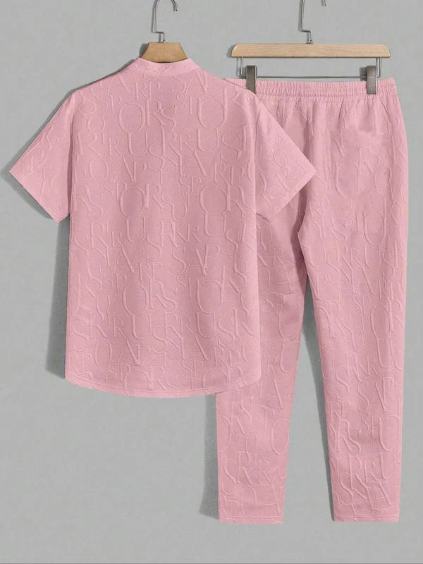 Men’s Embossed Pattern T-Shirt and Drawstring Trouser Set