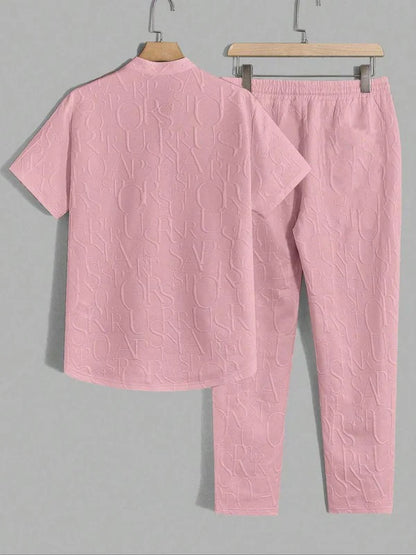 Men’s Embossed Pattern T-Shirt and Drawstring Trouser Set