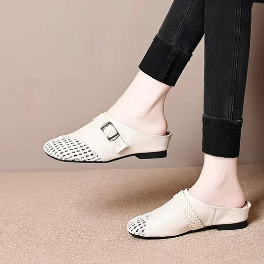 Women’s Braided Leather-Look Closed-Toe Buckle Mules