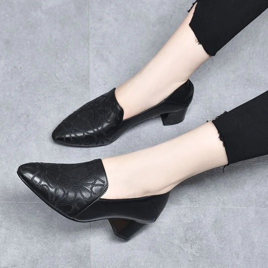 Women’s Soft Leather-Look Embroidered Mid-Heel Pumps