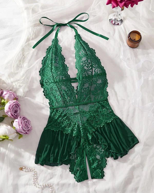 Women’s Floral Lace Halterneck Teddy Bodysuit