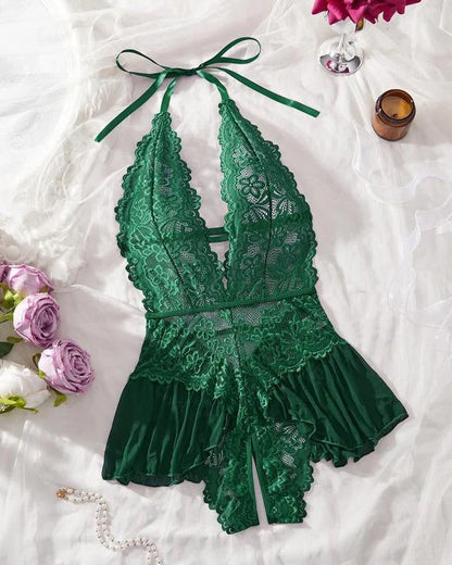 Women’s Floral Lace Halterneck Teddy Bodysuit