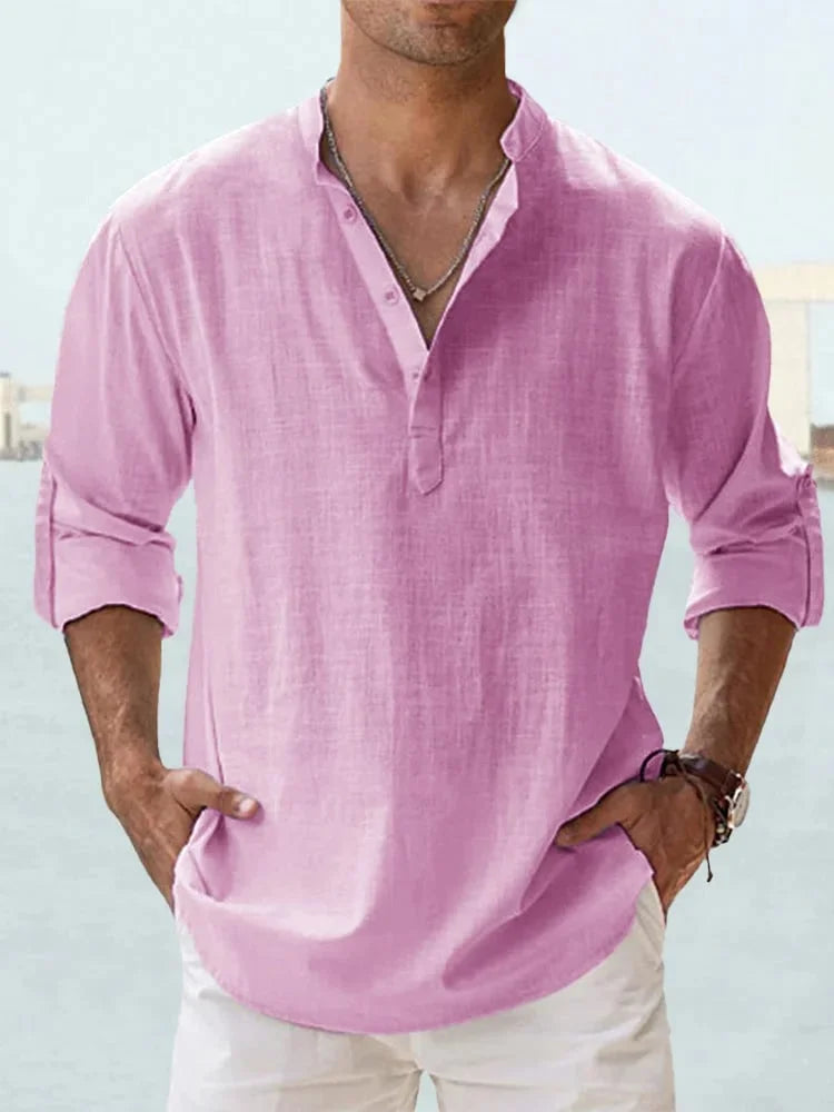 Men’s Casual Henley Collar Long Sleeve Cotton Shirt