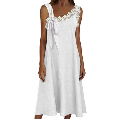 Women’s Floral Lace Trim Bow-Shoulder Midi Dress
