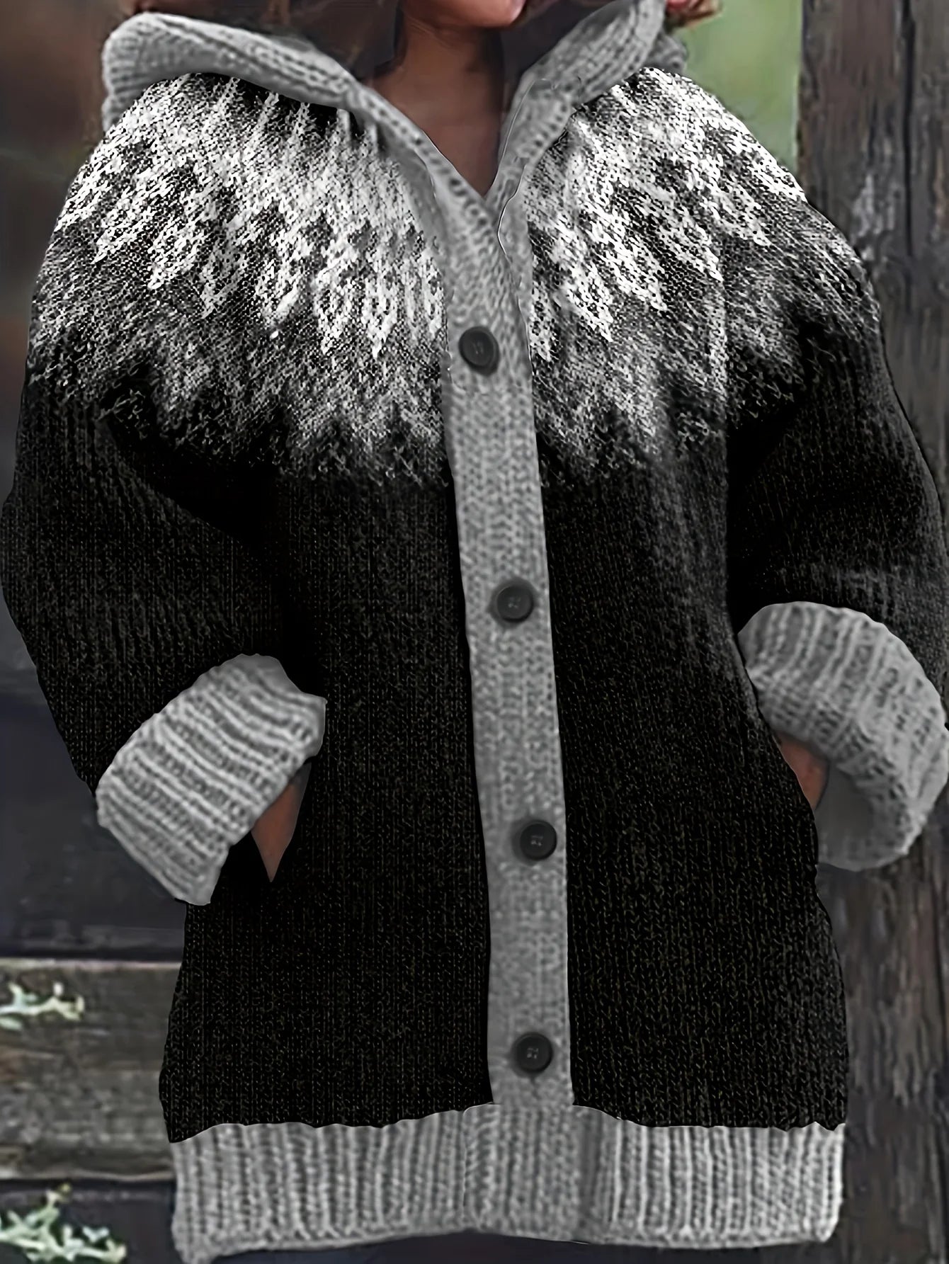 Women’s Nordic Knit Hooded Button Cardigan