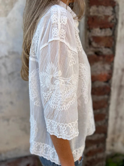 Women’s Lace Embroidered Button-Up Long Sleeve Blouse