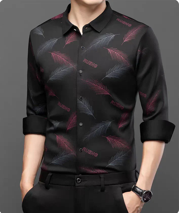 Feather Print Button-Front Shirt